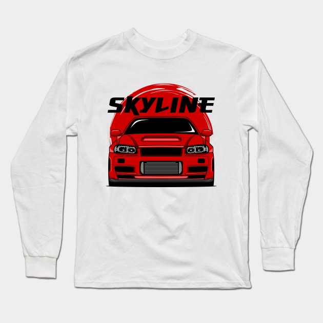 Red Skyline R34 Long Sleeve T-Shirt by GoldenTuners